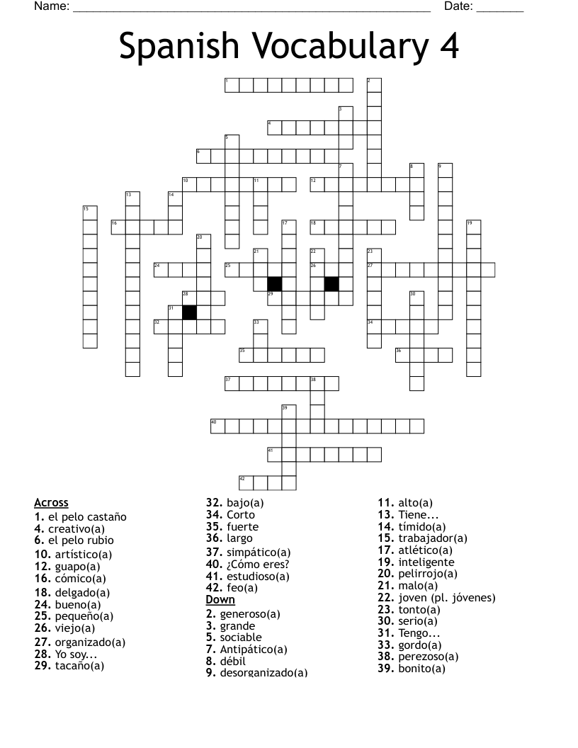 Spanish Vocabulary 4 Crossword