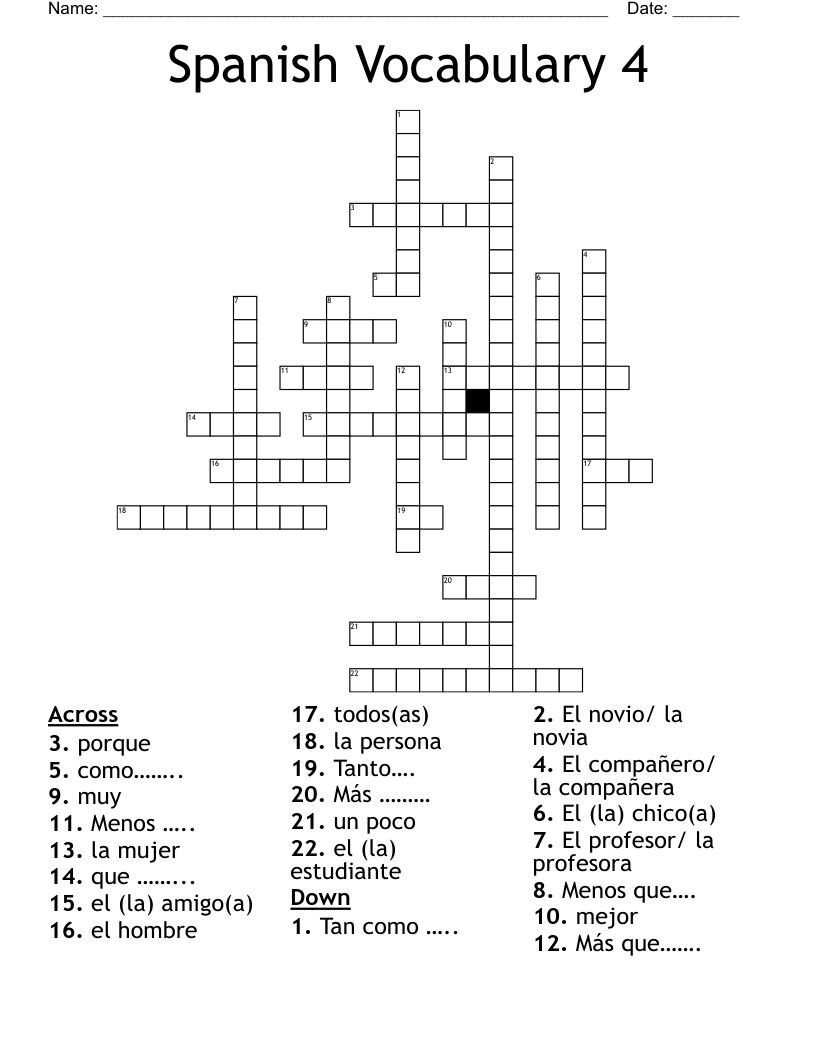 Spanish Vocabulary 4 Crossword