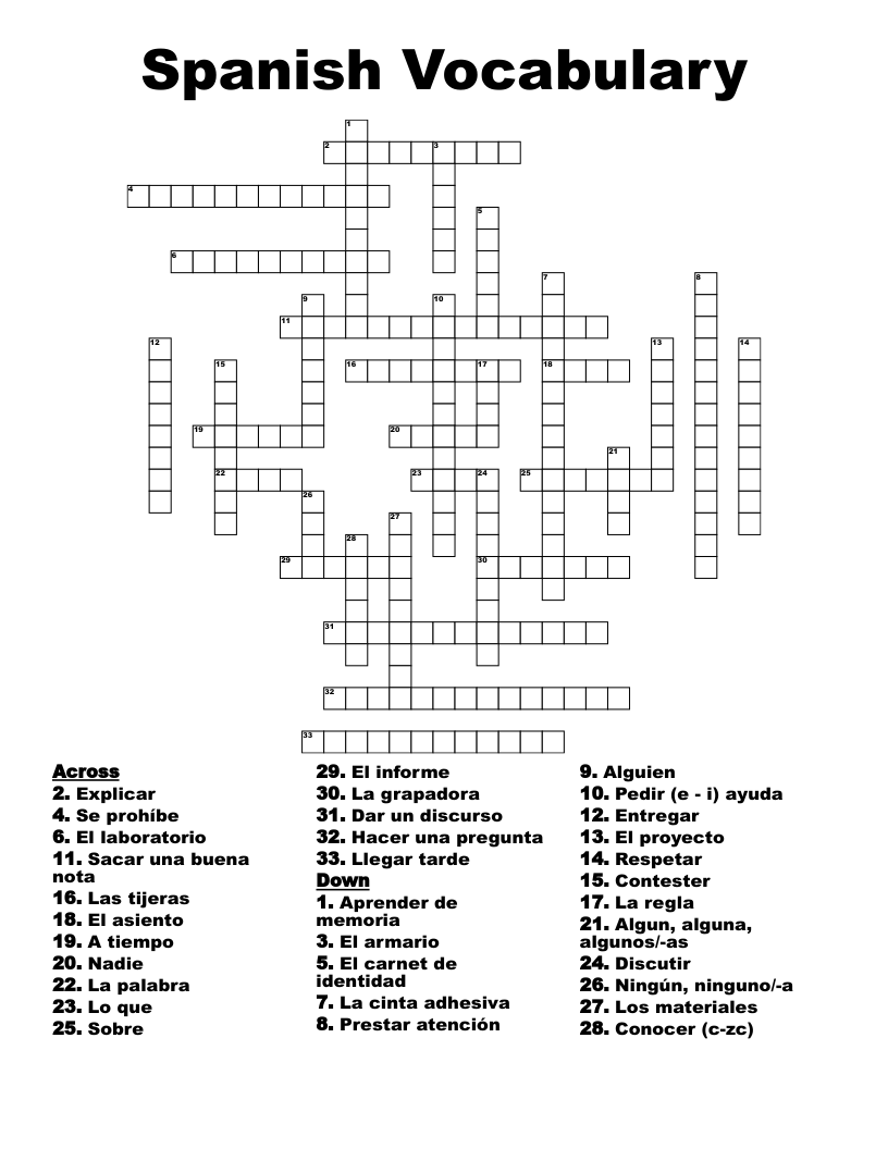 Spanish Vocabulary Crossword