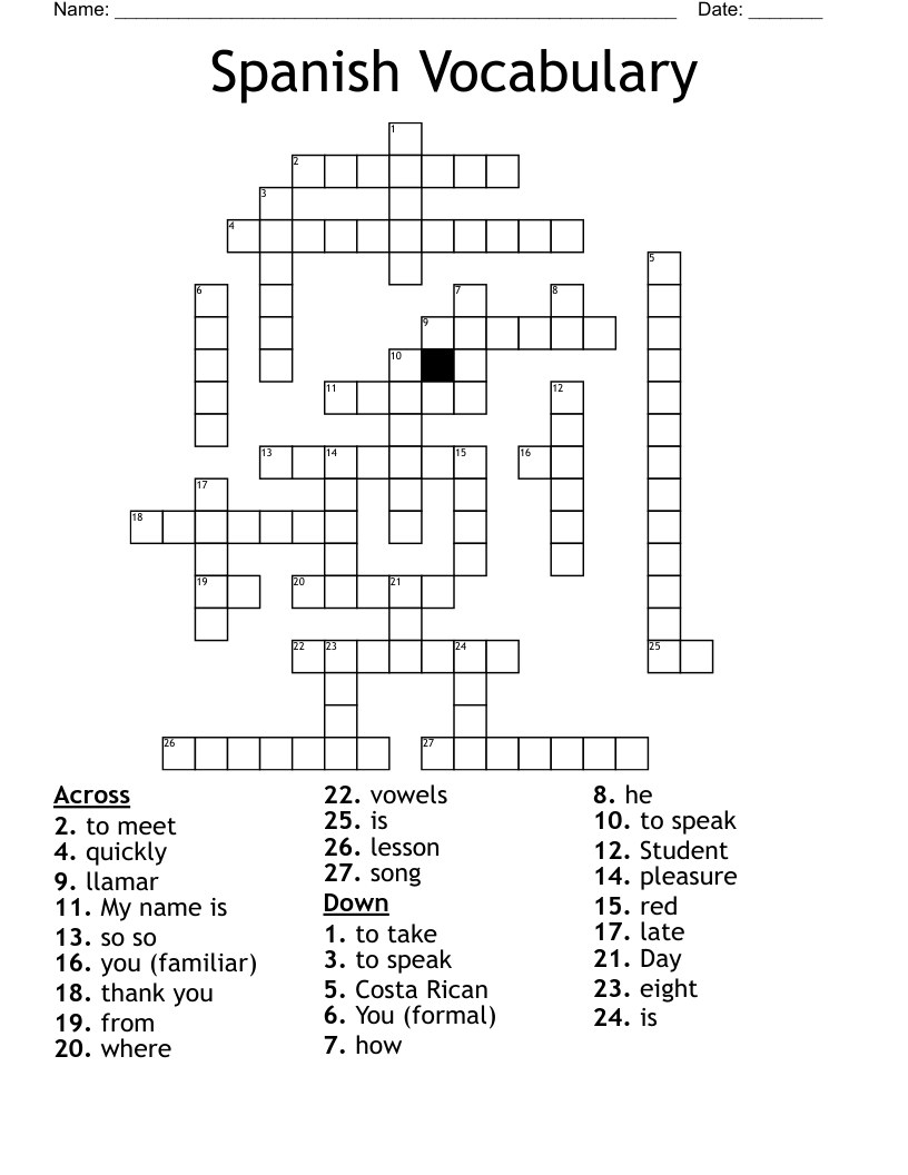 Spanish Vocabulary Crossword