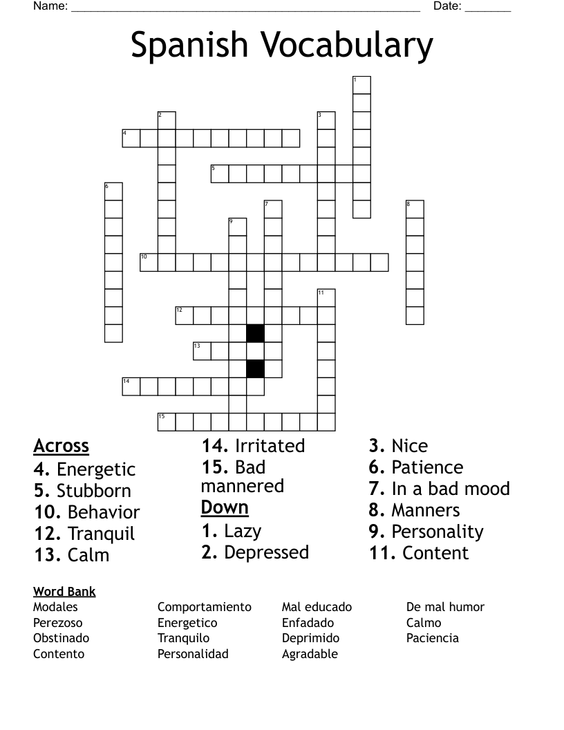 Spanish Vocabulary Crossword