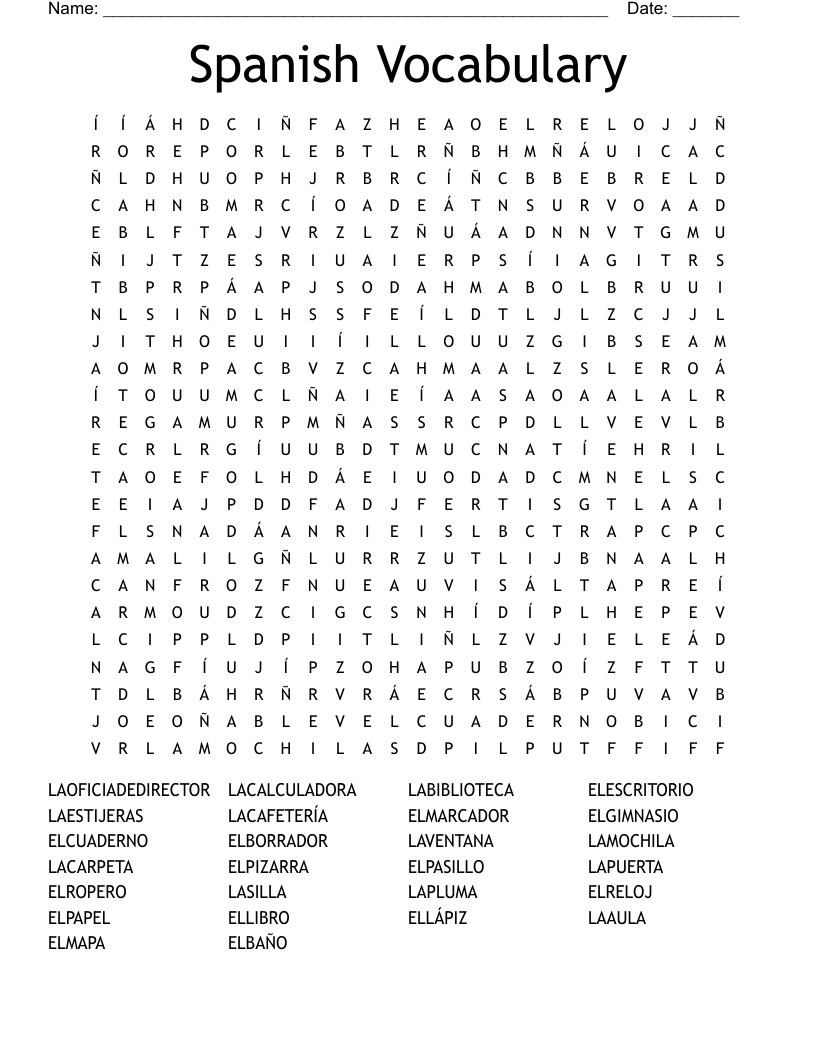 Spanish Vocabulary Word Search
