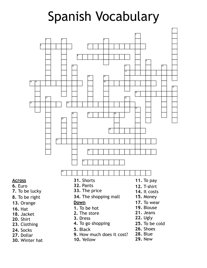 Spanish Vocabulary Crossword