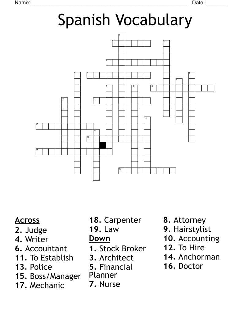 Spanish Vocabulary Crossword