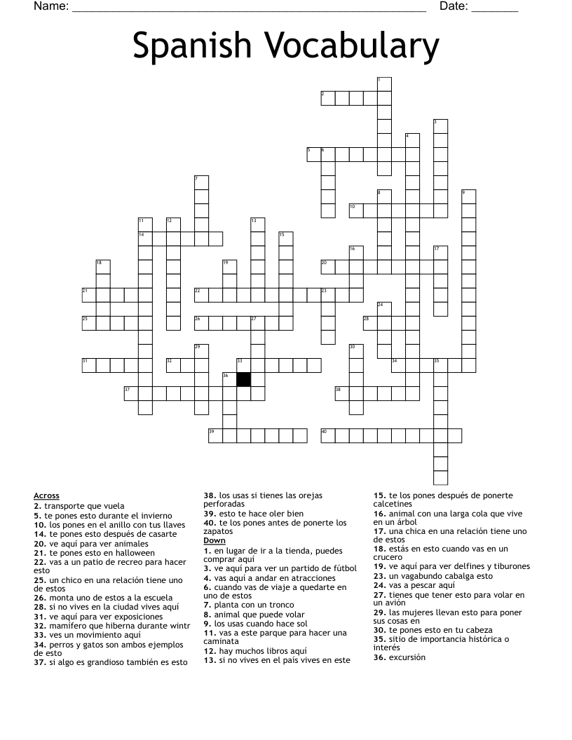 Spanish Vocabulary Crossword