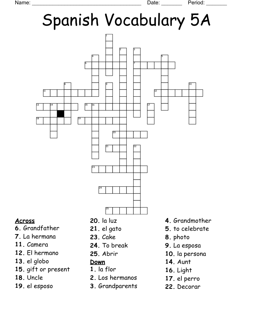 Spanish Vocabulary 5A Crossword