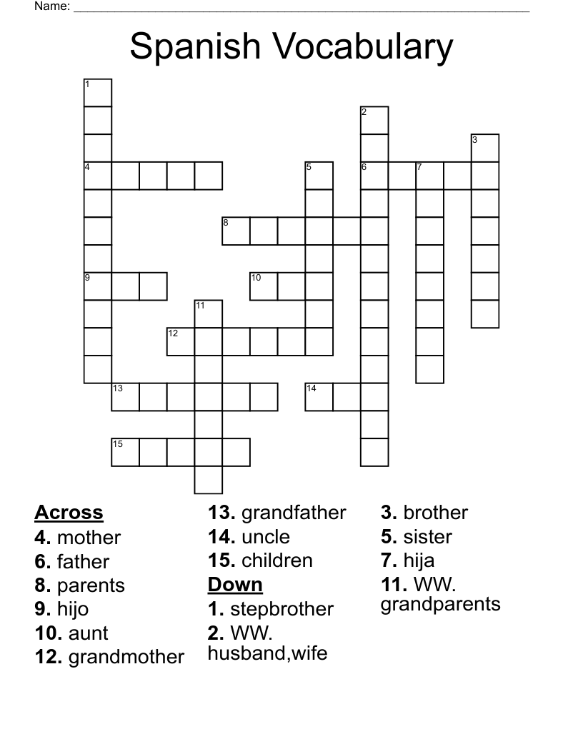 Spanish Vocabulary Crossword