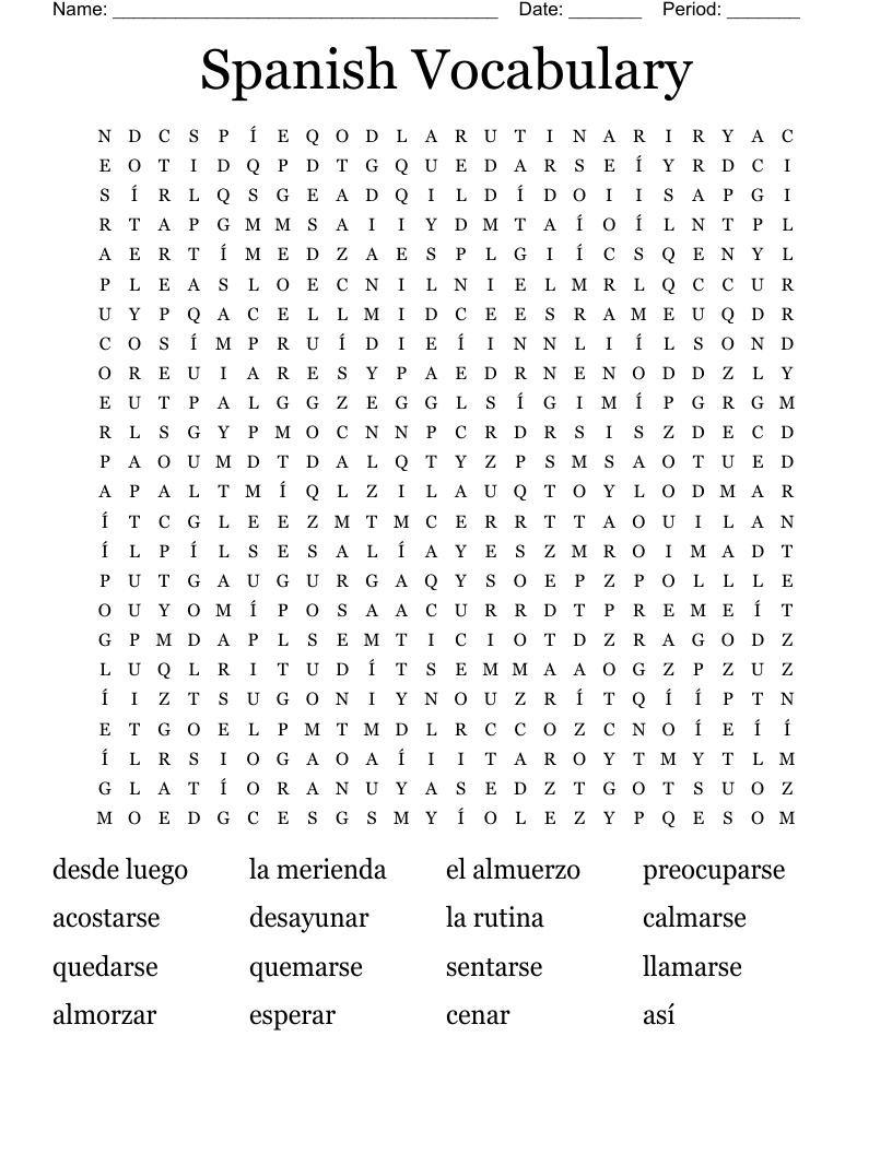 Spanish Vocabulary Word Search