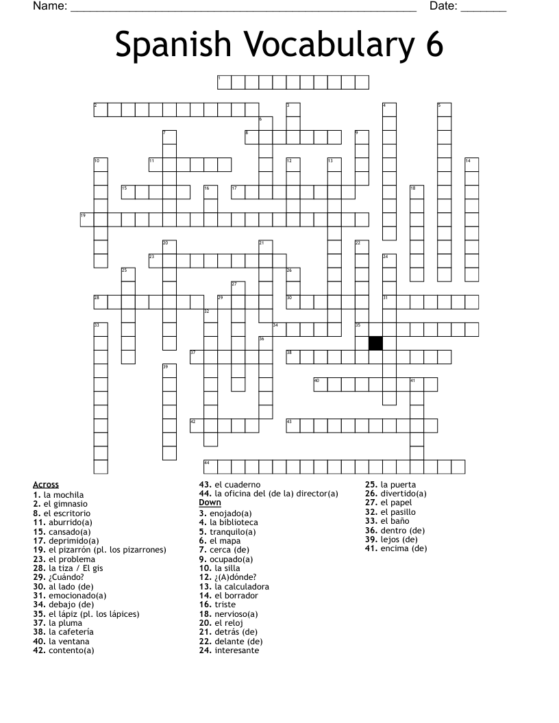 Spanish Vocabulary 6 Crossword