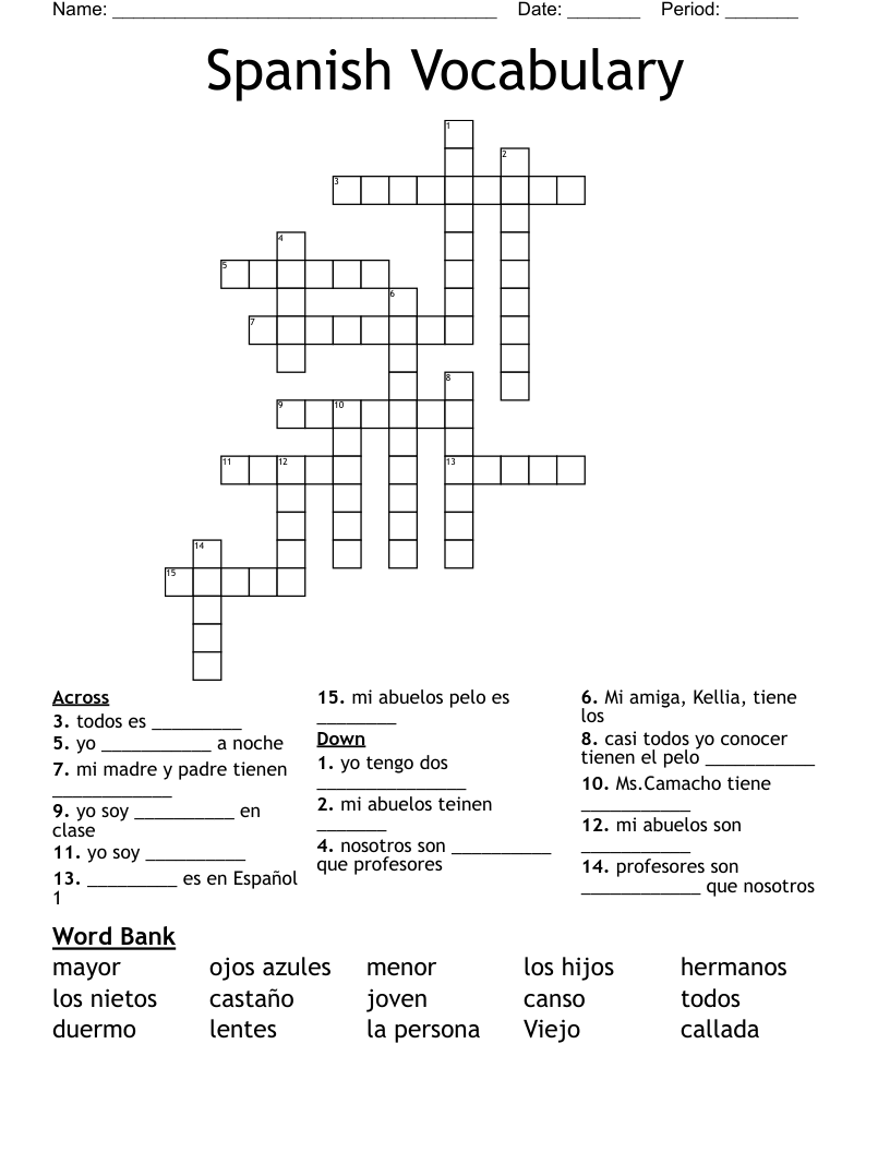 Spanish Vocabulary Crossword