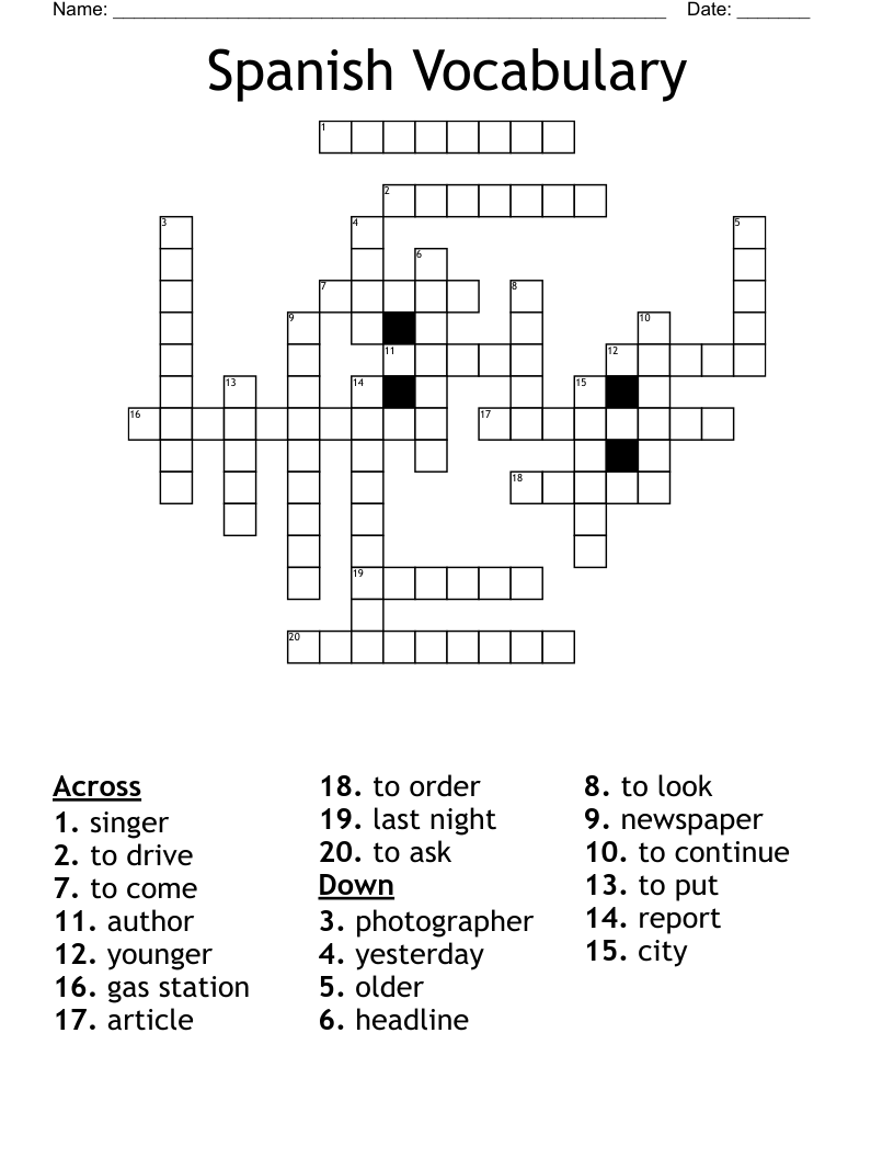 Spanish Vocabulary Crossword