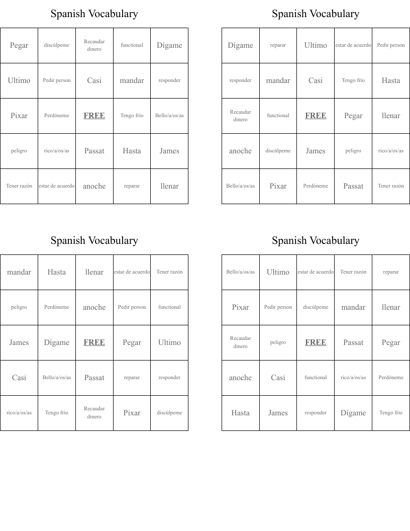 Spanish Vocabulary Bingo Cards