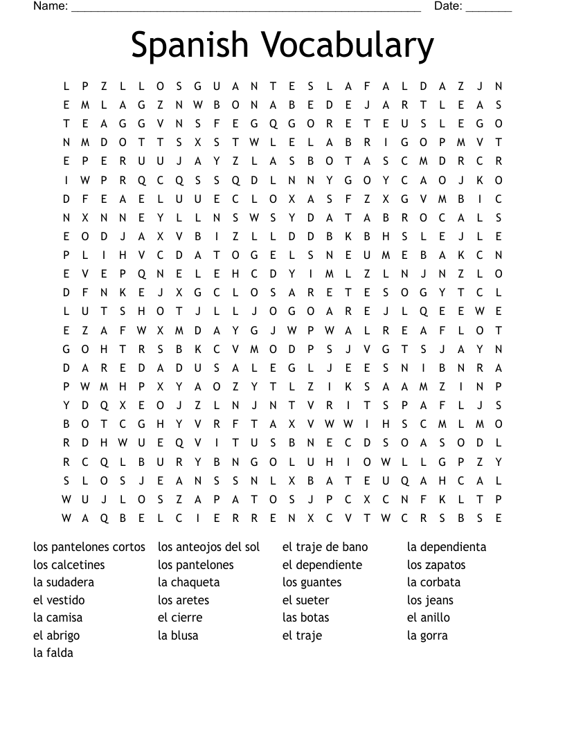 Spanish Vocabulary Word Search