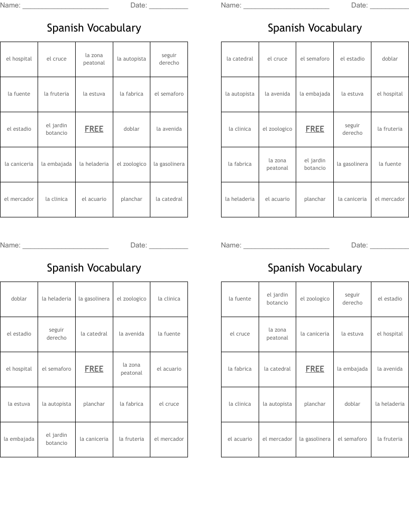 Spanish Vocabulary Bingo Cards