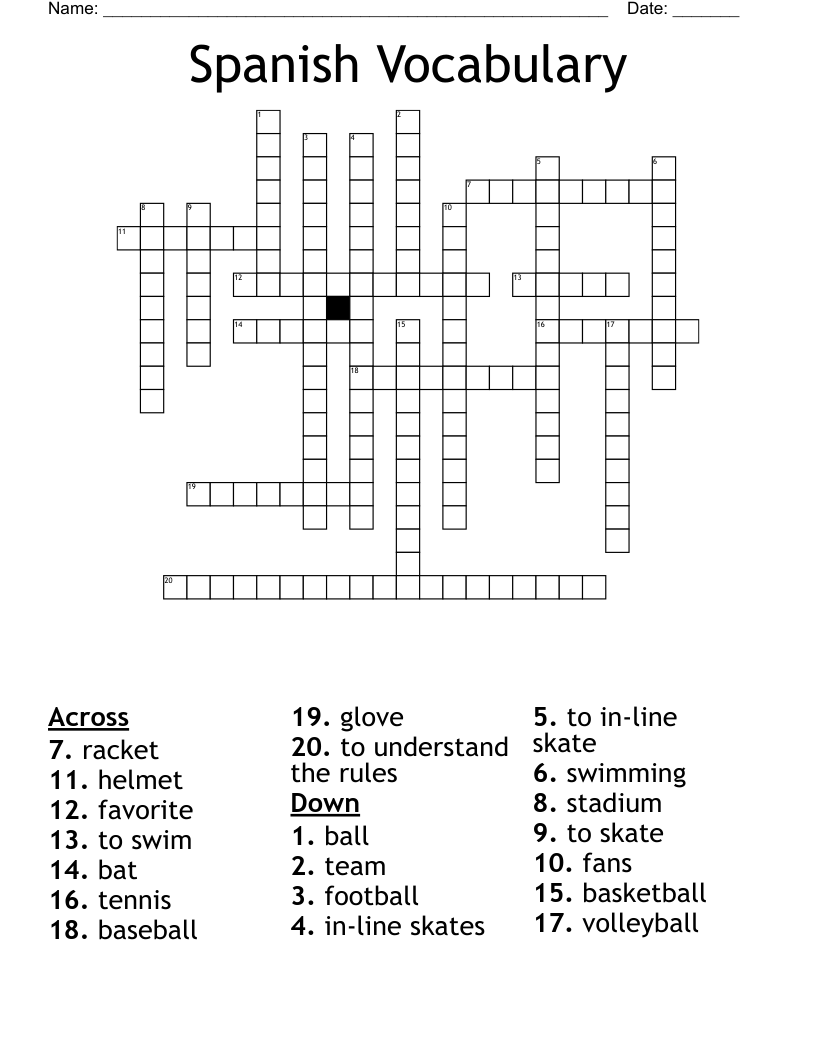 Spanish Vocabulary Crossword