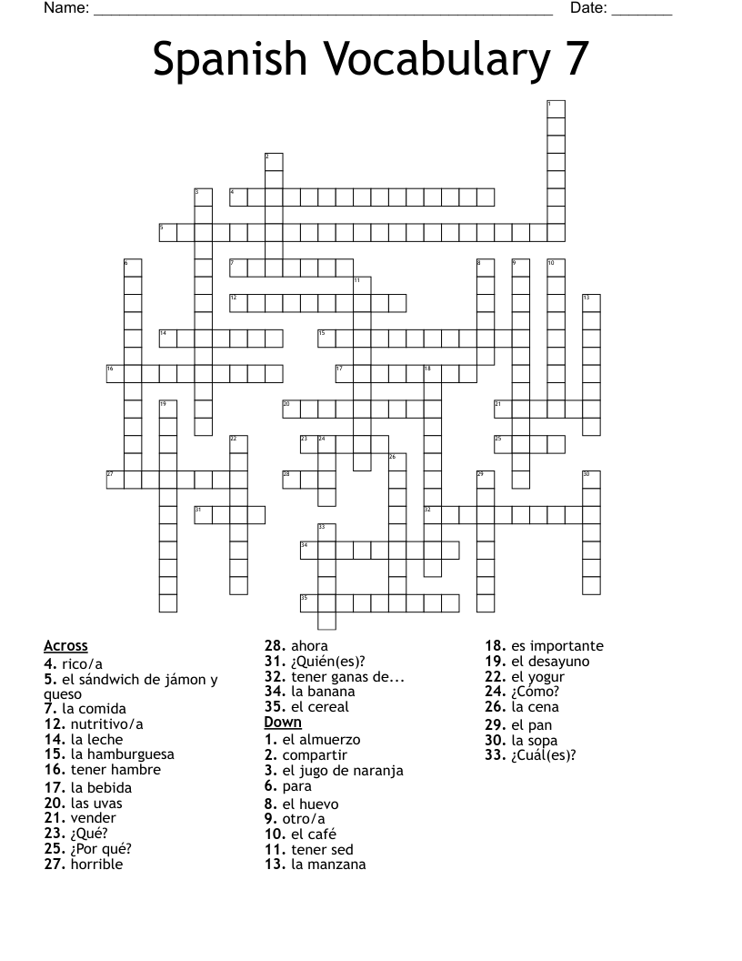 Spanish Vocabulary 7 Crossword