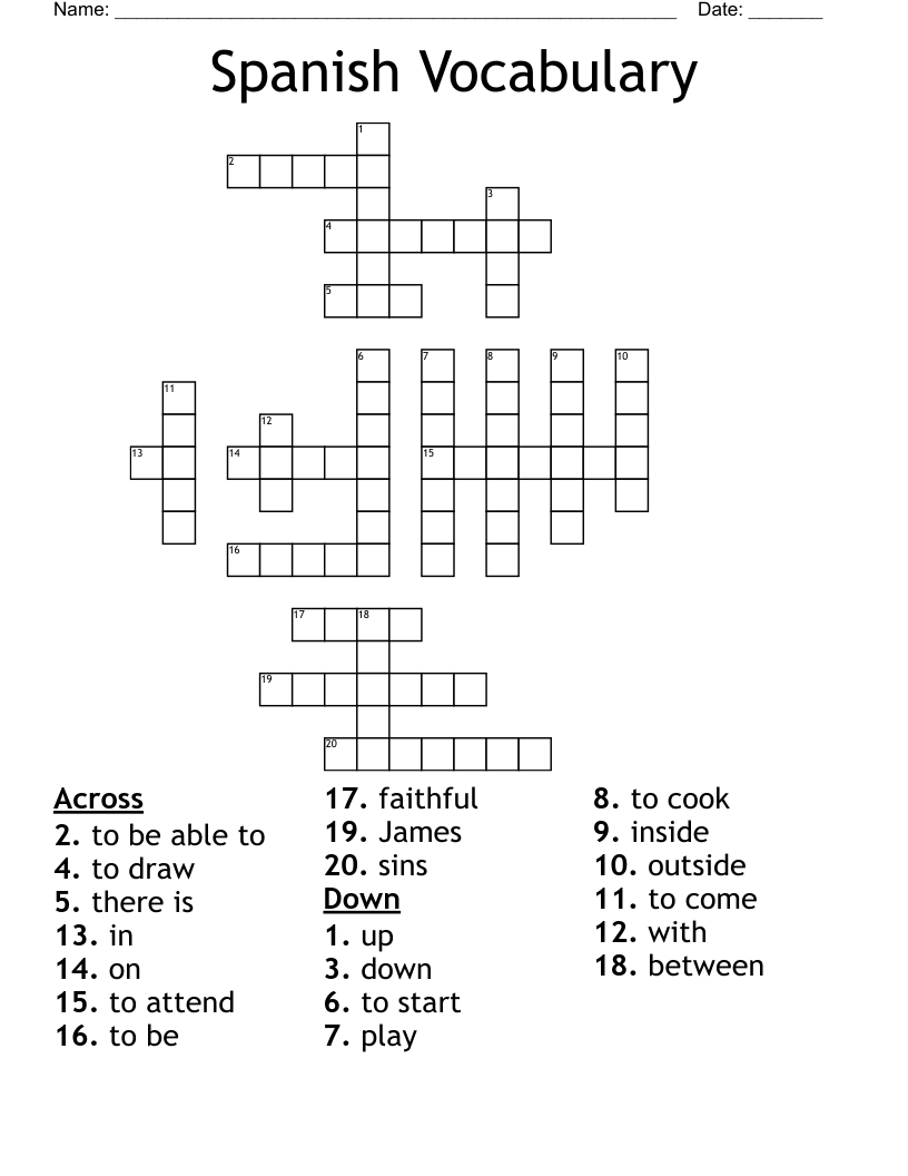 Spanish Vocabulary Crossword