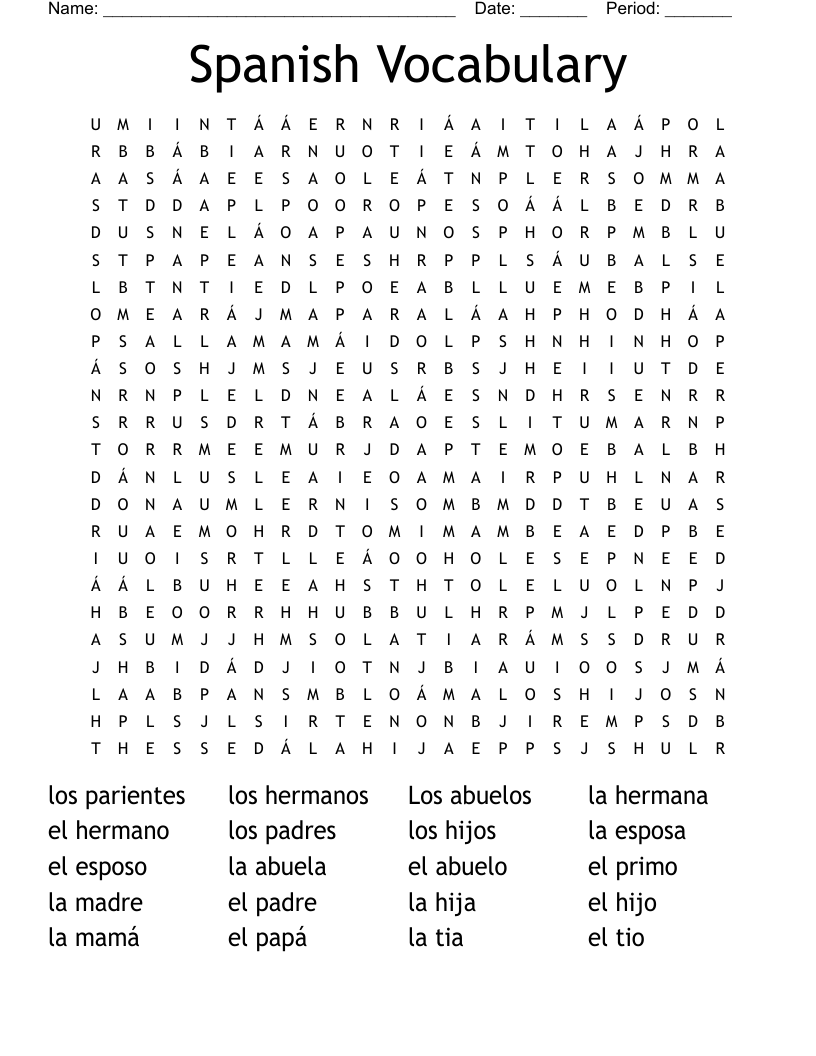 Spanish Vocabulary Word Search