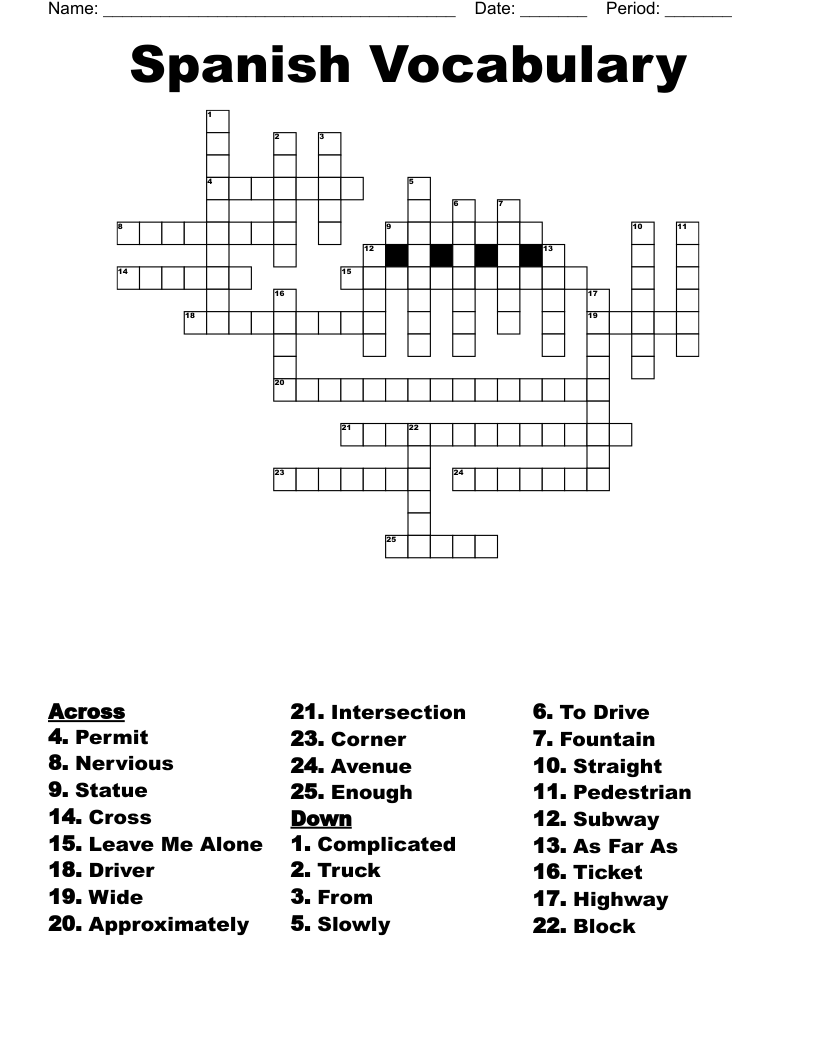 Spanish Vocabulary Crossword