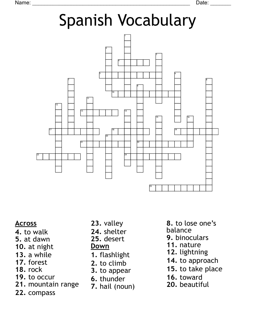 Spanish Vocabulary Crossword