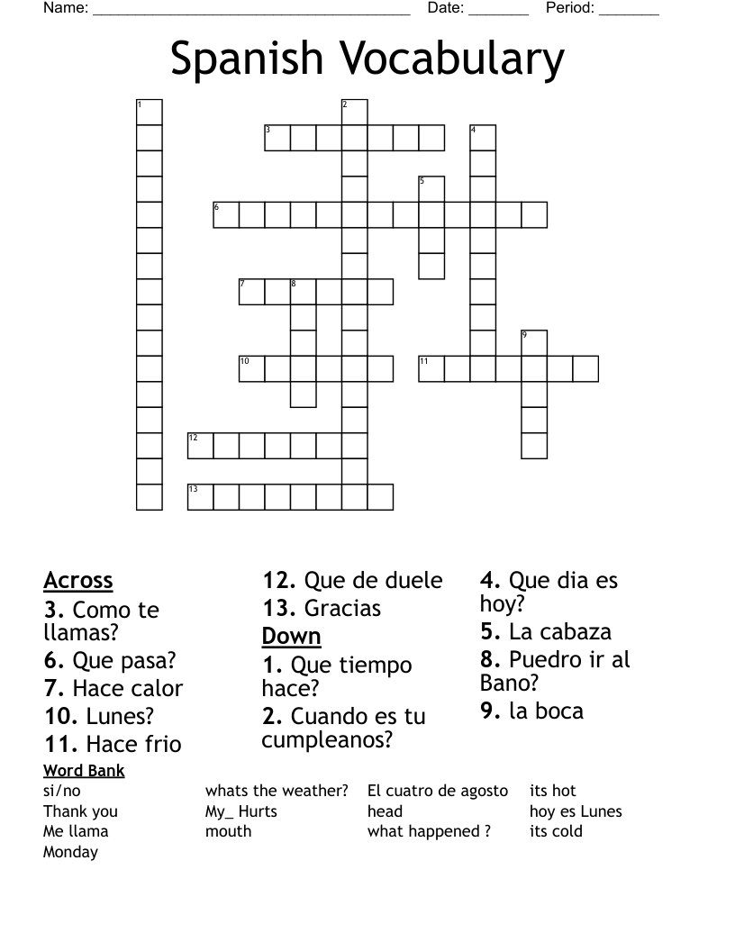 Spanish Vocabulary Crossword