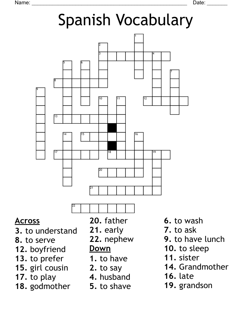 Spanish Vocabulary Crossword