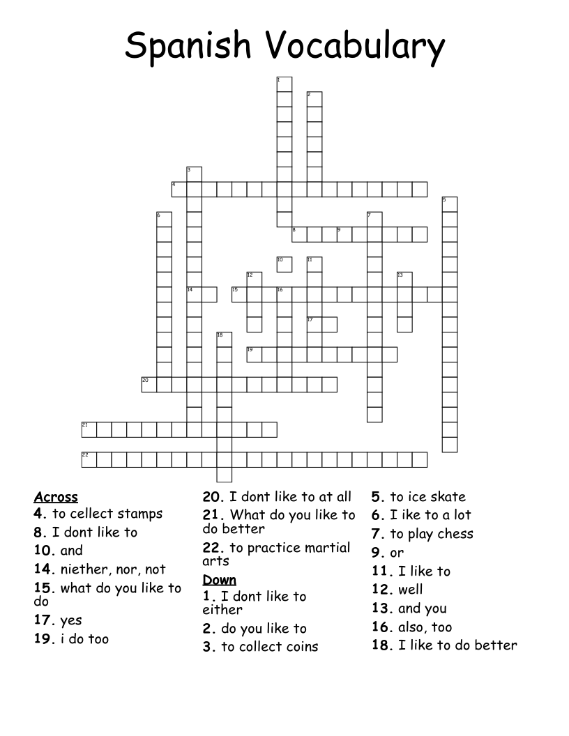 Spanish Vocabulary Crossword
