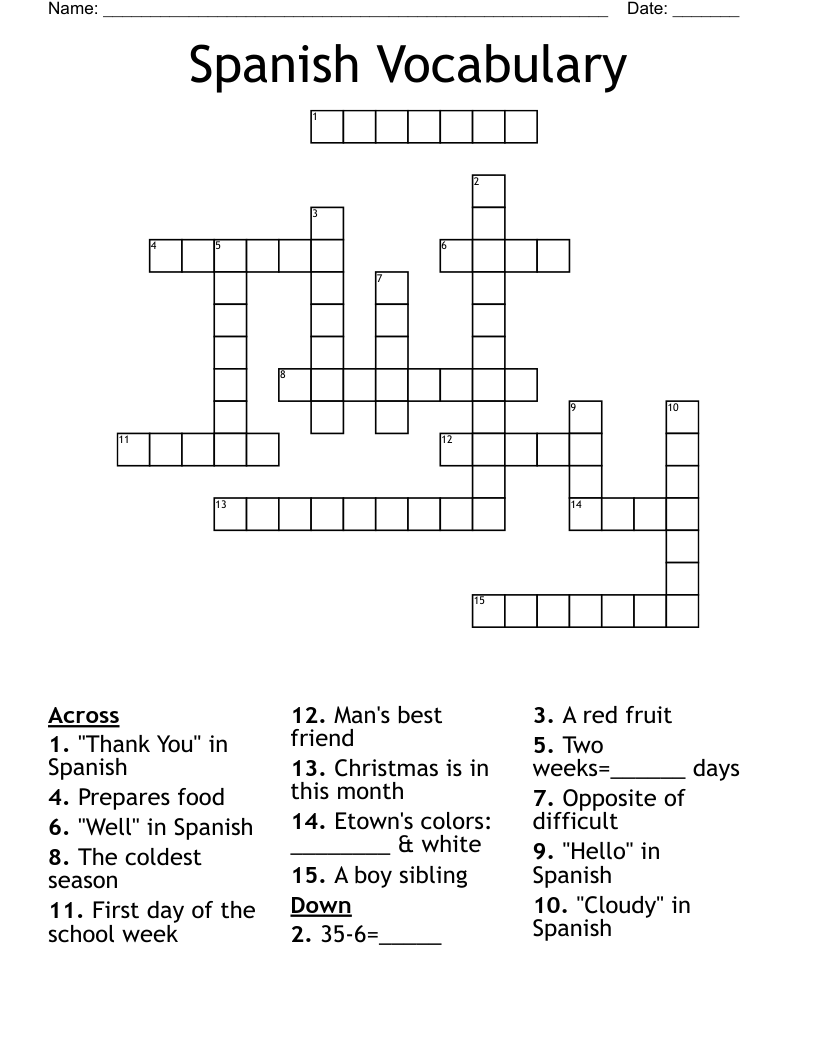 Spanish Vocabulary Crossword