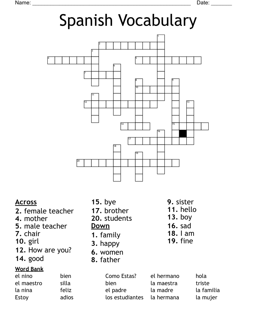 Spanish Vocabulary Crossword