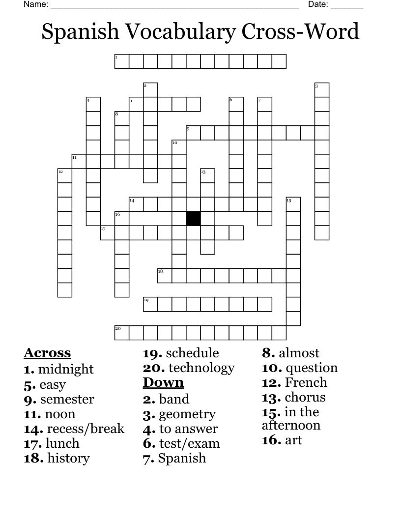 Spanish Vocabulary Cross-Word Crossword