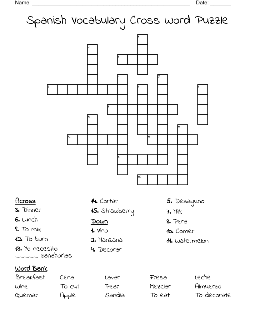 Spanish Vocabulary Cross Word Puzzle
