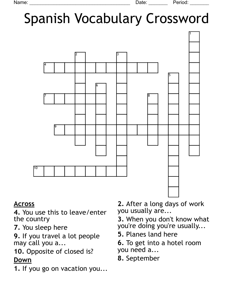 Spanish Vocabulary Crossword