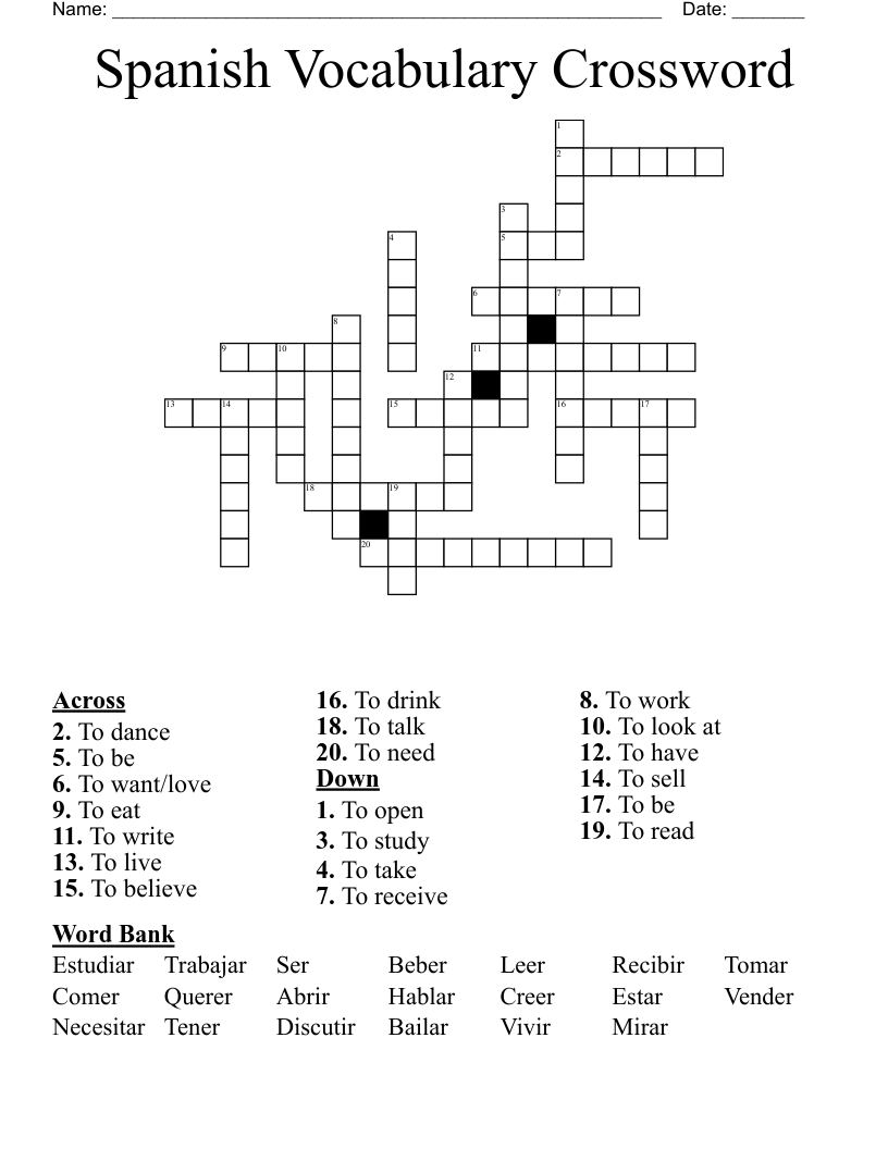 Spanish Vocabulary Crossword