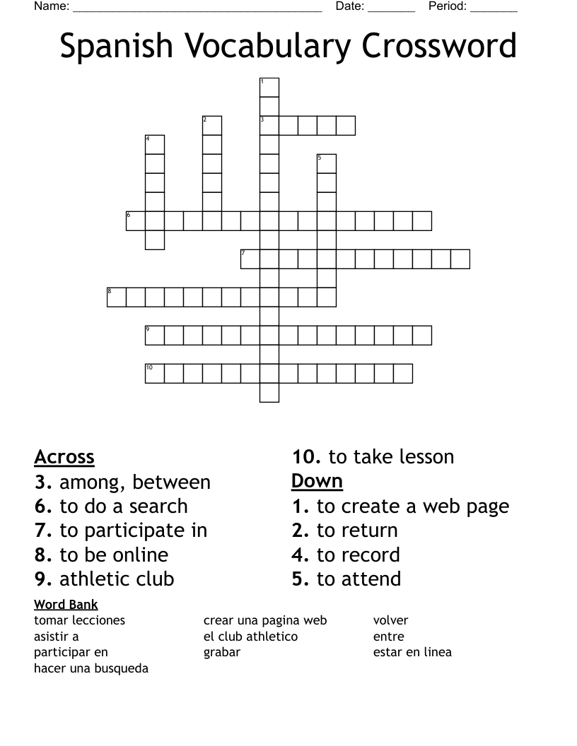 Spanish Vocabulary Crossword