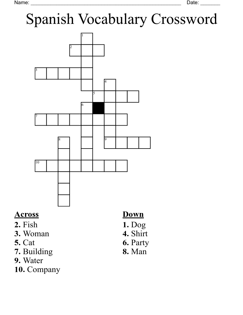Spanish Vocabulary Crossword