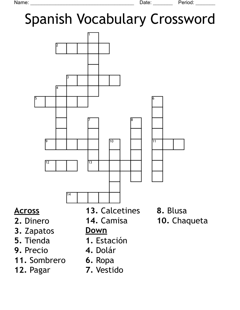 Spanish Vocabulary Crossword
