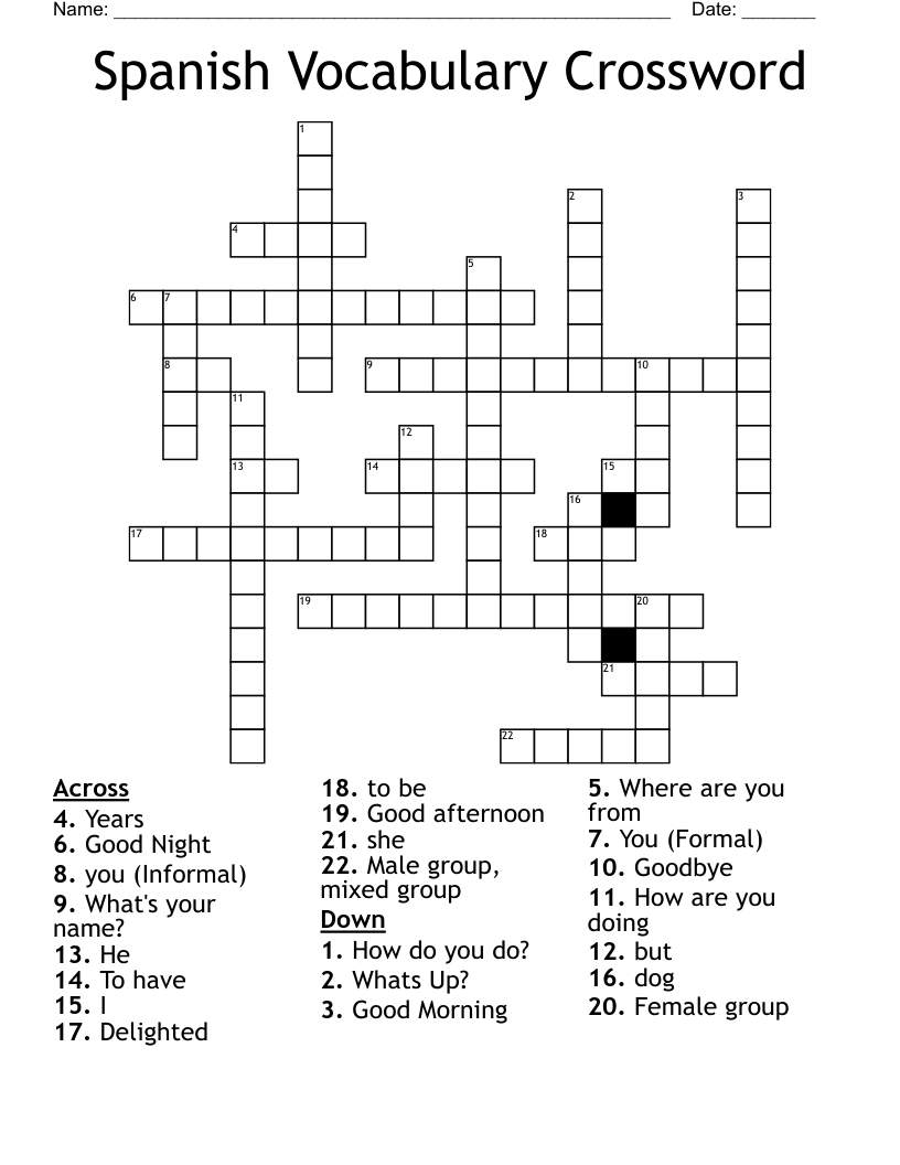 Spanish Vocabulary Crossword