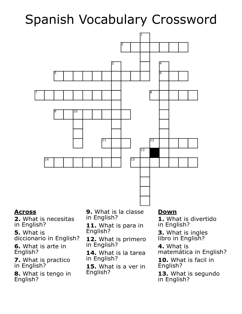 Spanish Vocabulary Crossword