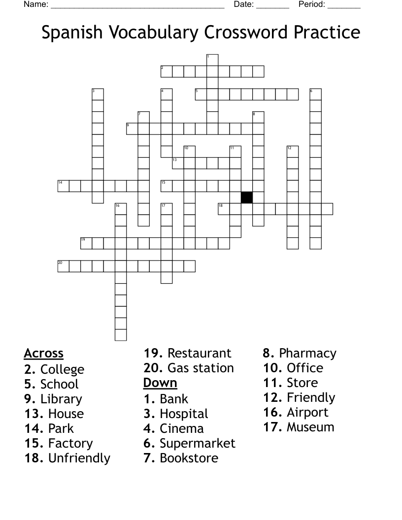Spanish Vocabulary Crossword Practice