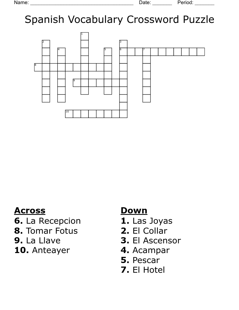 Spanish Vocabulary Crossword Puzzle