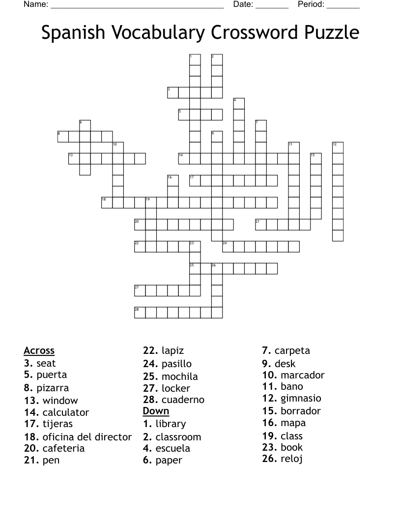 Spanish Vocabulary Crossword Puzzle