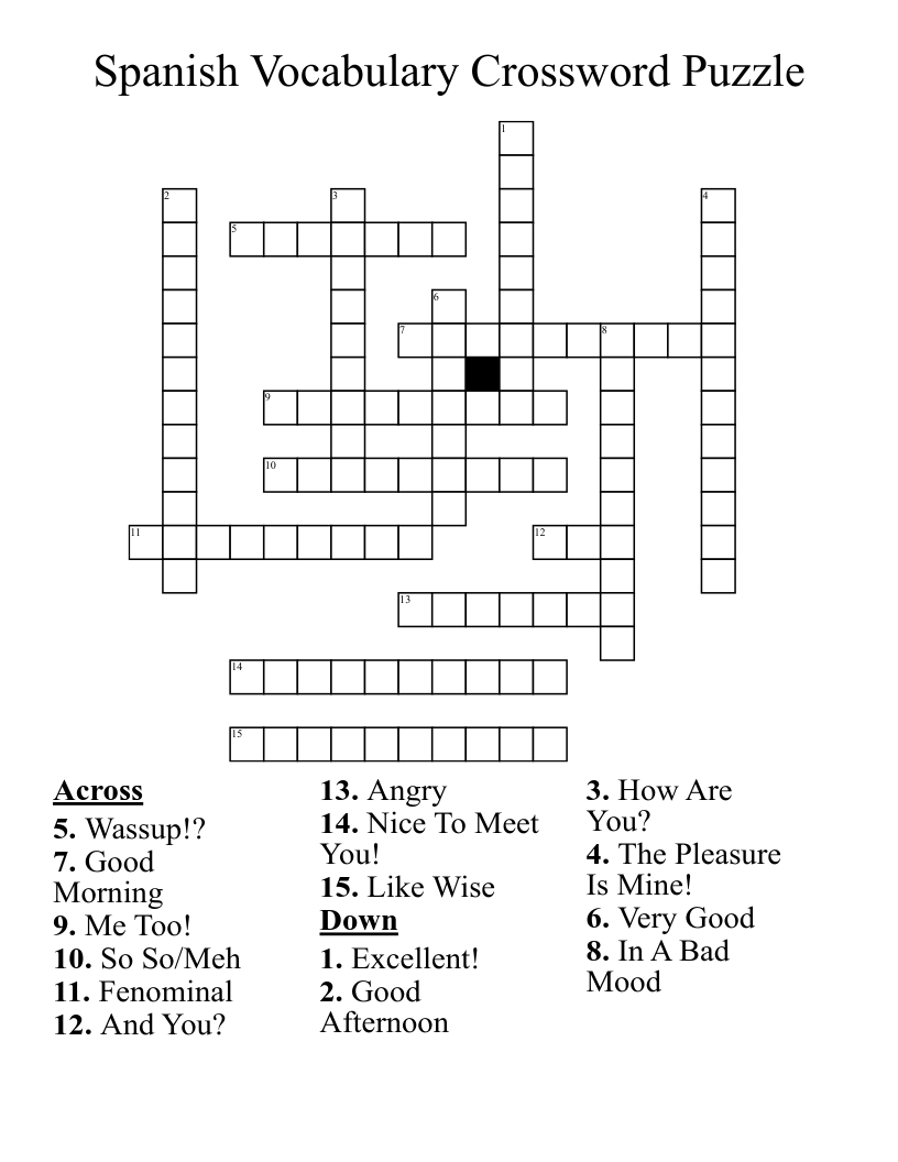 Spanish Vocabulary Crossword Puzzle