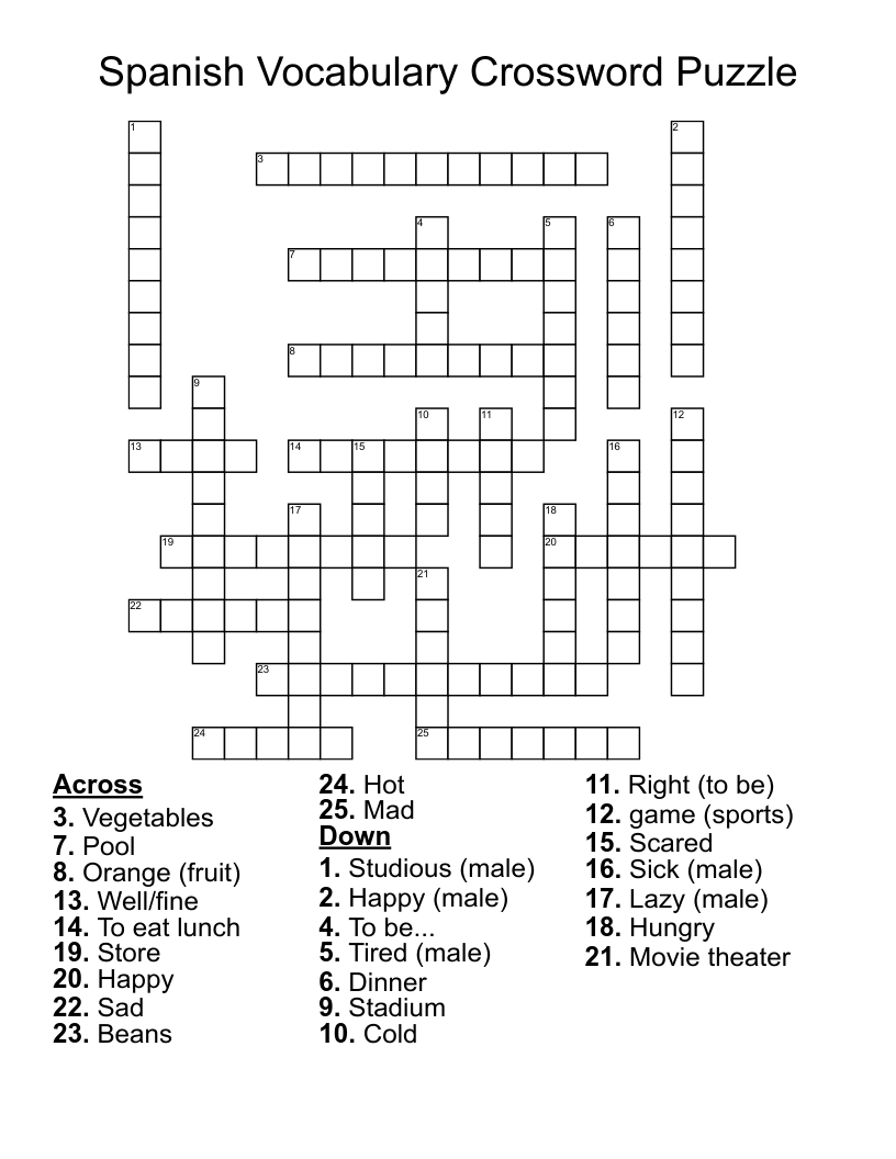 Spanish Vocabulary Crossword Puzzle 