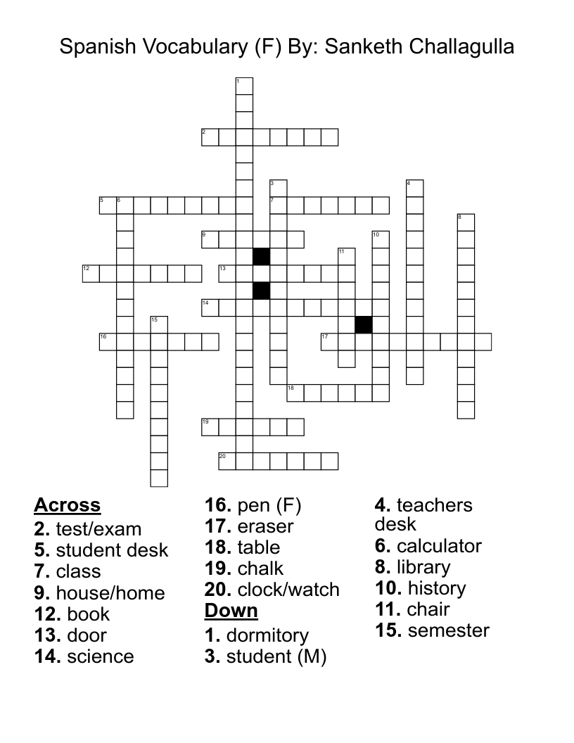Spanish Vocabulary (F) By: Sanketh Challagulla Crossword