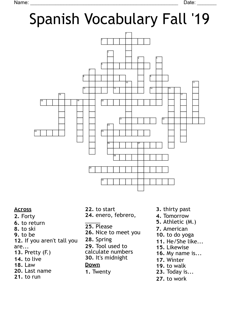 Spanish Vocabulary Fall '19  Crossword