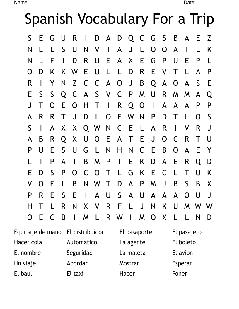 Spanish Vocabulary For a Trip Word Search