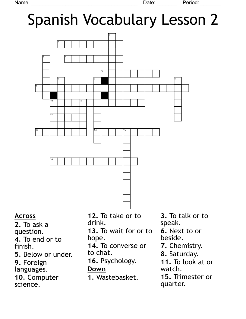 Spanish Vocabulary Lesson 2  Crossword