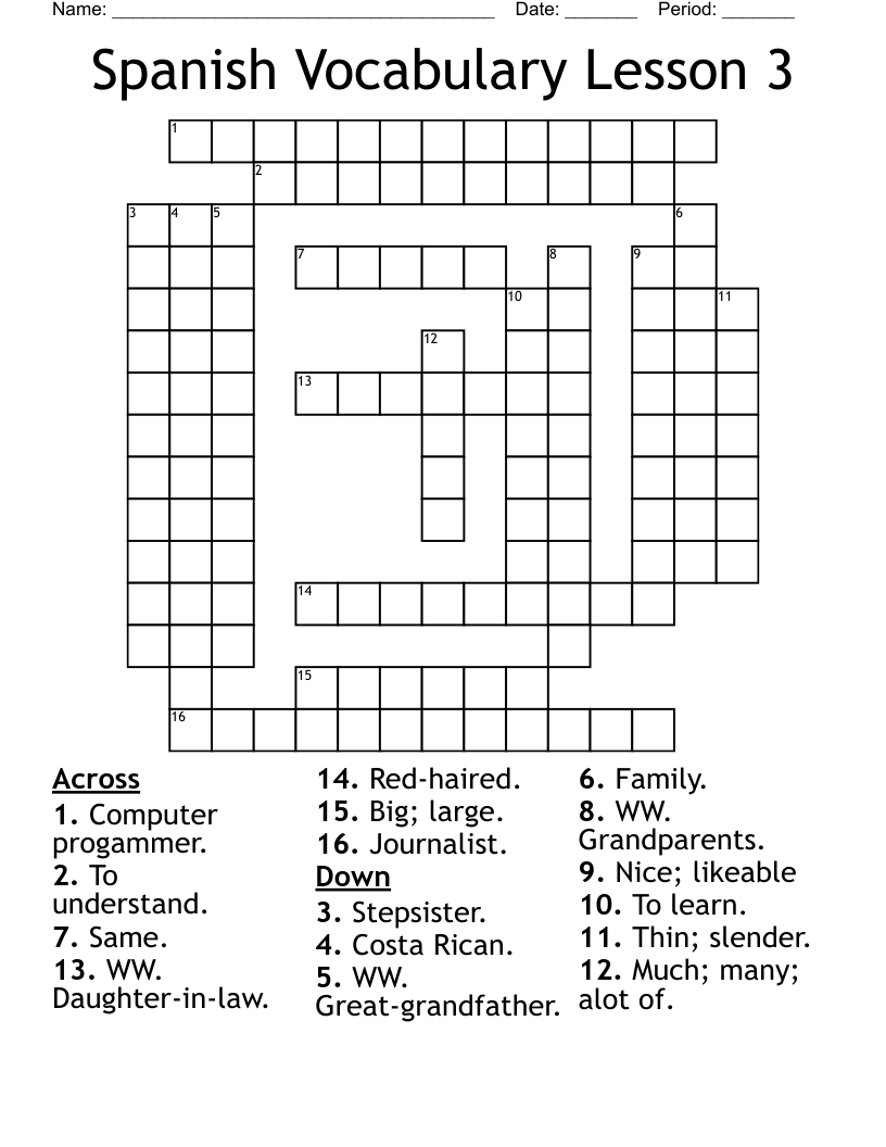 Spanish Vocabulary Lesson 3 Crossword