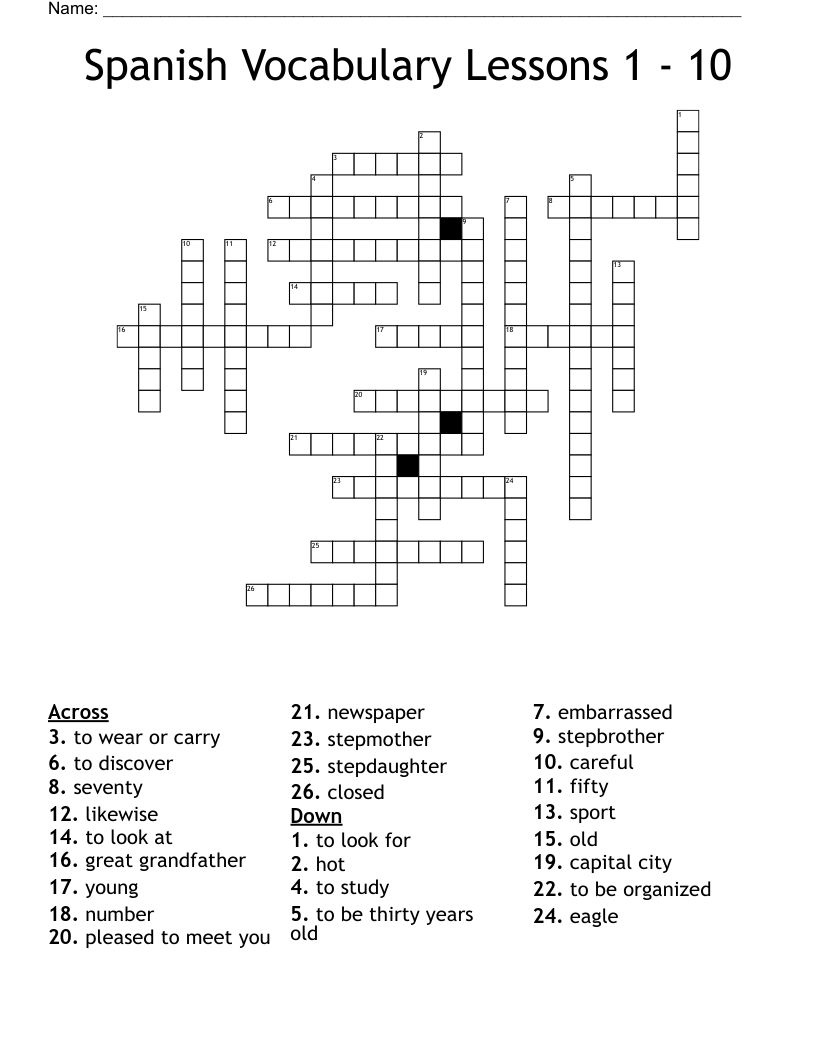 Spanish Vocabulary Lessons 1 - 10 Crossword
