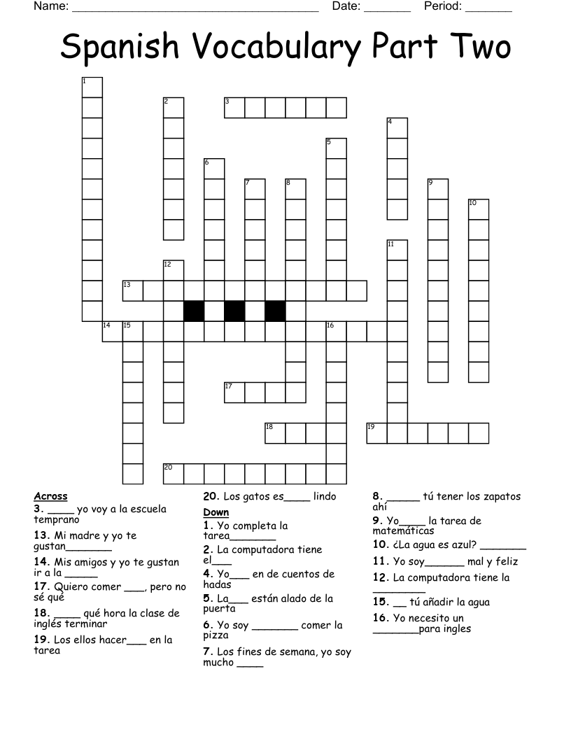 Spanish Vocabulary Part Two Crossword